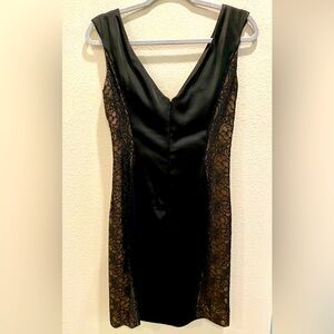 Maggie London black satin cocktail dress, lace side panels & ruched bust detail